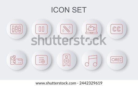 Set line Record button, Cinema camera, Photo retouching, Music note, tone, Sound mixer controller, Pause, Add playlist and Stereo speaker icon. Vector