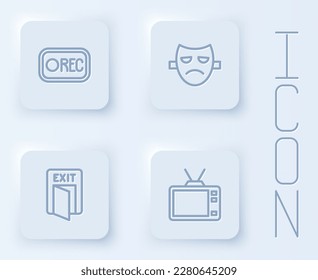 Set line Record button, Drama theatrical mask, Fire exit and Retro tv. White square button. Vector