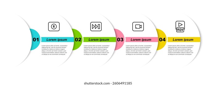 Set line Record button, Fast forward, Play video and MOV file. Business infographic template. Vector