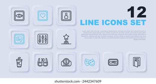 Set line Record button, Fire exit, Sound mixer controller, Comedy and tragedy masks, Video with subtitles, 3D cinema glasses, Like heart and Cinema ticket icon. Vector