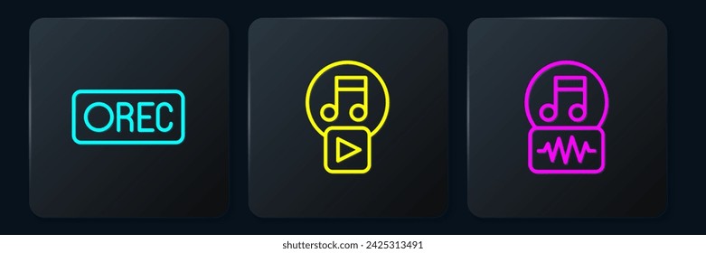Set line Record button, Music note, tone and Play in square. Black square button. Vector