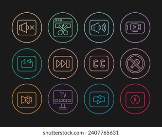 Set line Record button, Mute microphone, Speaker volume, Fast forward, Repeat track music player, mute, Subtitles and Video recorder editor icon. Vector