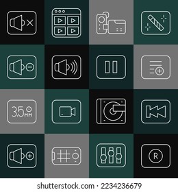 Set line Record button, Rewind, Add playlist, Cinema camera, Speaker volume, mute,  and Pause icon. Vector
