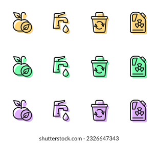 Set line Recycle bin, Apple, Water tap and Radioactive waste barrel icon. Vector