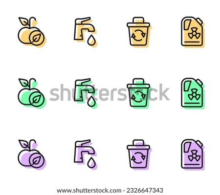 Set line Recycle bin, Apple, Water tap and Radioactive waste barrel icon. Vector