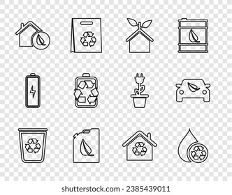 Fijar la línea Papelera de reciclaje con reciclador, agua limpia, casa amigable con Eco, cartucho de combustible Bio, Batería, reciclaje de la casa e icono de la hoja de conducción del automóvil. Vector