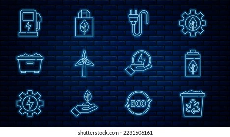 Set line Recycle bin with recycle, Eco nature leaf and battery, Electric plug, Wind turbine, Trash can, car charging station, Lightning bolt and Shopping bag icon. Vector