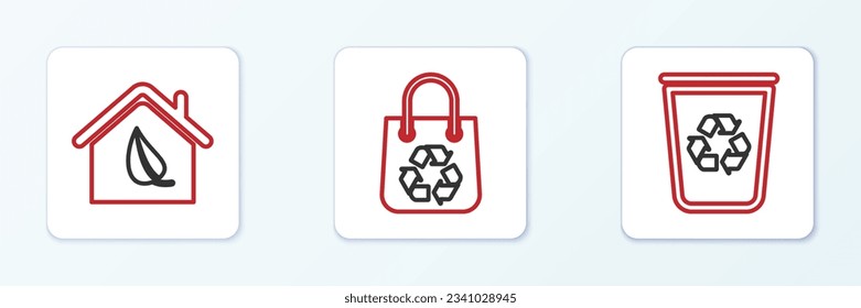 Set line Recycle bin with recycle, Eco friendly house and Shopping bag icon. Vector