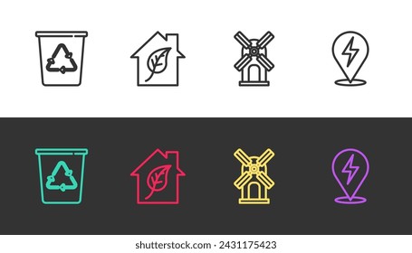 Set line Recycle bin with recycle, Eco friendly house, Wind turbine and Lightning bolt on black and white. Vector
