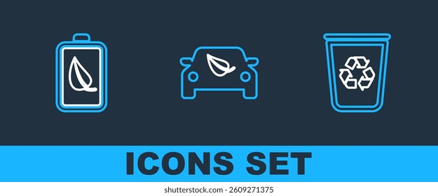 Set line Recycle bin with recycle, Eco nature leaf and battery and car drive icon. Vector