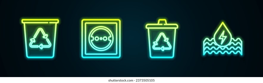 Stellen Sie den Recyclingbehälter mit Recycling-, Elektro- und Wasserenergie ein. Leuchtendes Neonsymbol. Vektorgrafik