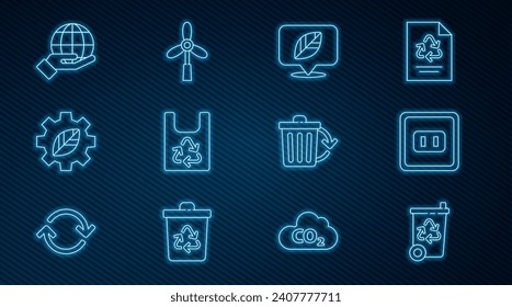 Set line Recycle bin with recycle, Electrical outlet, Location leaf, Plastic bag, Leaf plant gear machine, Hand holding Earth globe,  and Wind turbine icon. Vector