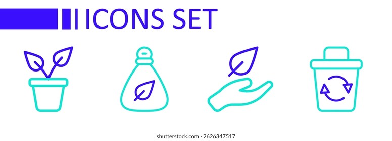 Set line Recycle bin, Leaf hand, Garbage bag and Plant pot icon. Vector