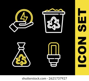 Set line Recycle bin with recycle, LED light bulb, Garbage bag and Lightning bolt icon. Vector