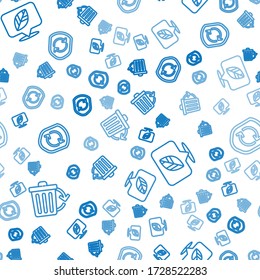 Set line Recycle bin with recycle, Location with leaf and Recycle symbol inside shield on seamless pattern. Vector