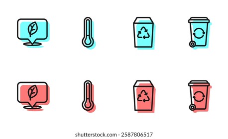 Set line Recycle bin, Location with leaf, Thermometer and  icon. Vector