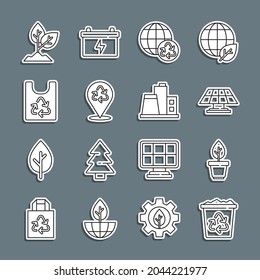 Set line Recycle bin with recycle, Plant pot, Solar energy panel, Planet earth and recycling, Plastic bag,  and Factory icon. Vector