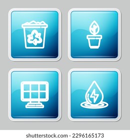 Fijar línea Reciclar papelera con reciclador, olla de planta, panel de energía solar e icono Agua. Vector