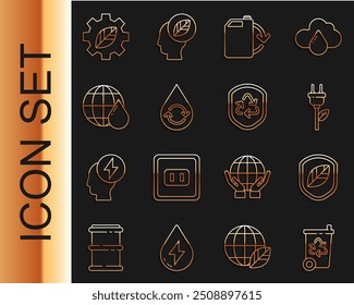 Set line Recycle bin with recycle, Shield leaf, Electric saving plug, Eco fuel canister, clean aqua, Earth planet water drop, Leaf plant gear machine and symbol inside shield icon. Vector