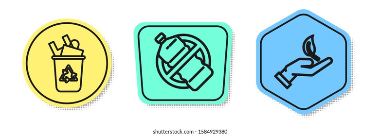 Set line Recycle bin with recycle symbol, No plastic bottle and Sprout in hand of environmental protection. Colored shapes. Vector