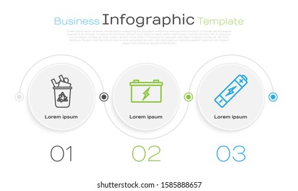 Set line Recycle bin with recycle symbol, Car battery and Battery. Business infographic template. Vector