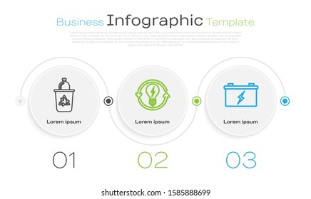 Set line Recycle bin with recycle symbol, Recycle and light bulb with lightning symbol and Car battery. Business infographic template. Vector