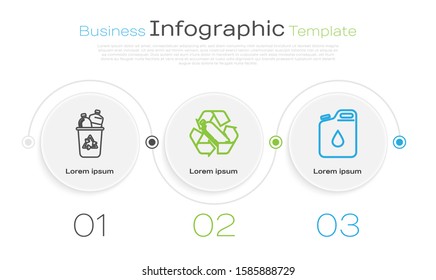 Set line Recycle bin with recycle symbol, Recycling plastic bottle and Canister for gasoline. Business infographic template. Vector
