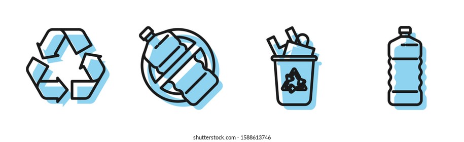 Set line Recycle bin with recycle symbol, Recycle symbol, No plastic bottle and Plastic bottle icon. Vector