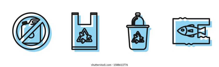 Set line Recycle bin with recycle symbol, No canister for gasoline, Plastic bag with recycle and Stop ocean plastic pollution icon. Vector
