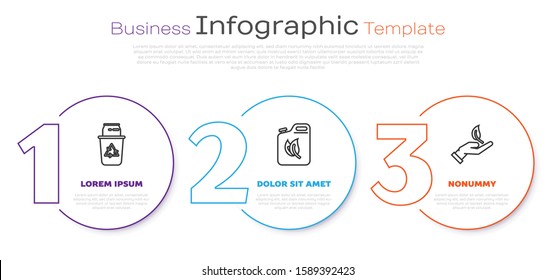 Set line Recycle bin with recycle symbol and can, Bio fuel canister and Sprout in hand of environmental protection. Business infographic template. Vector