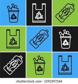 Set line Recycle bin with recycle symbol, Stop ocean plastic pollution and Plastic bag with recycle icon. Vector