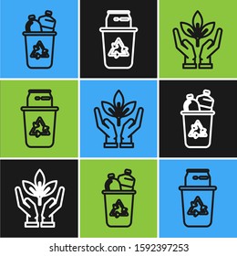 Set line Recycle bin with recycle symbol, Plant in hand of environmental protection and Recycle bin with recycle symbol and can icon. Vector