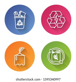 Set line Recycle bin with recycle symbol, Battery with recycle symbol, Sprout in bottle and Bio fuel canister. Color circle button. Vector