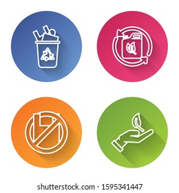Set line Recycle bin with recycle symbol, Bio fuel canister, Say no to plastic bags poster and Sprout in hand of environmental protection. Color circle button. Vector