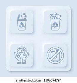 Set line Recycle bin with recycle symbol, Recycle bin with recycle symbol, Human hands holding Earth globe and No canister for gasoline. White square button. Vector