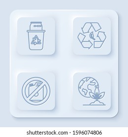 Set line Recycle bin with recycle symbol and can, Recycle symbol and leaf, No canister for gasoline and Earth globe and plant. White square button. Vector