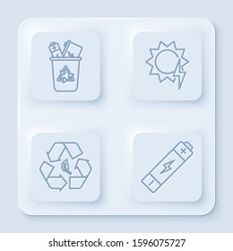 Set line Recycle bin with recycle symbol, Solar energy panel, Recycle symbol and leaf and Battery. White square button. Vector