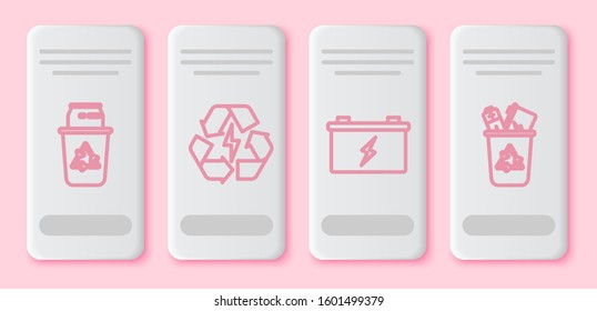 Set line Recycle bin with recycle symbol and can, Battery with recycle symbol, Car battery. White rectangle button. Vector