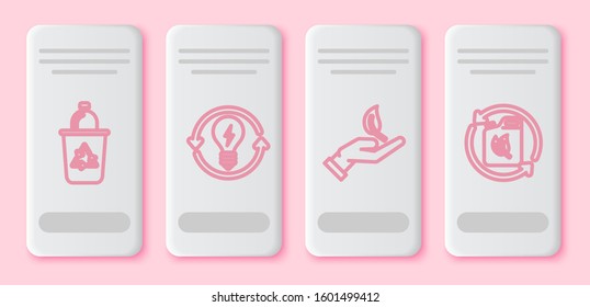 Set line Recycle bin with recycle symbol, Recycle and light bulb with lightning symbol, Sprout in hand of environmental protection and Bio fuel canister. White rectangle button. Vector