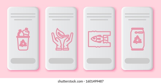 Set line Recycle bin with recycle symbol, Sprout in hand of environmental protection, Stop ocean plastic pollution and Can with recycle symbol and can. White rectangle button. Vector