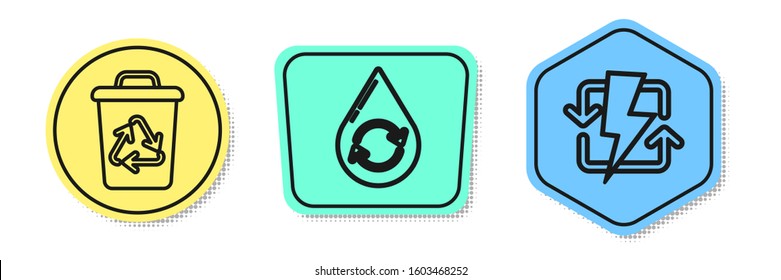 Set line Recycle bin with recycle symbol, Recycle clean aqua and Recharging. Colored shapes. Vector