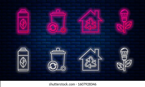 Set line Recycle bin with recycle symbol, Eco House with recycling symbol, Recycling plastic bottle and Light bulb with leaf. Glowing neon icon on brick wall. Vector