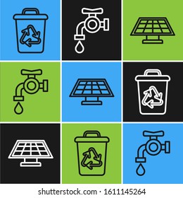 Set line Recycle bin with recycle symbol, Solar energy panel and Water tap icon. Vector