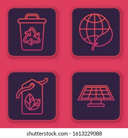 Set line Recycle bin with recycle symbol, Tag with leaf symbol, Earth globe and leaf and Solar energy panel. Blue square button. Vector