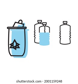 Stellen Sie die Linie Recycling-Papierkorb mit Recyclingsymbol, Recyclingsymbol, Keine Plastikflasche und Plastikflasche Symbol ein. Vektorgrafik