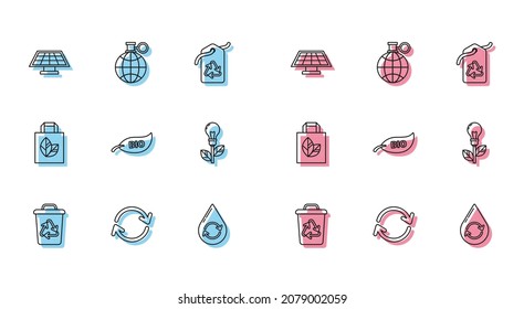 Fijar línea Papelera de reciclaje con símbolo de reciclaje, Refrescar, panel de energía solar, agua limpia, Bio de hoja, hoja de bombilla, bolsa de compras de papel e icono Planeta tierra y reciclaje. Vector