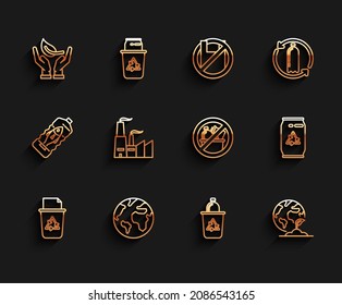 Set line Recycle bin with recycle symbol, Earth globe, Sprout hand of environmental protection, plant, Factory, Can can and No trash icon. Vector