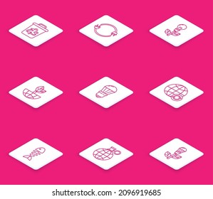 Set line Recycle bin with recycle symbol, Electric plug, Light bulb leaf, Earth globe and, LED light, Planet earth recycling, Fish skeleton and  icon. Vector