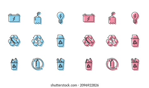 Set line Recycle bin with recycle symbol, Recycling plastic bottle, Car battery, Battery,  and Sprout icon. Vector