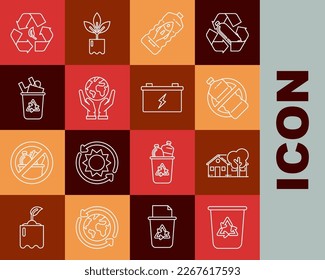 Set line Recycle bin with recycle symbol, Eco friendly house, No plastic bottle, Stop ocean pollution, Human hands holding Earth globe, leaf and Car battery icon. Vector